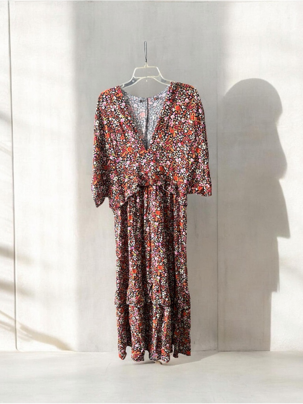 Animale Multi-Color Floral V-Neck Tiered Maxi Dress